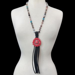 Long Chunky Red Concho Multicolor Stone Bead Tassel Necklace